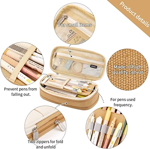 Image of FineMoe Large Pencil Case Stationery Items for Girls and Boys, Canvas Bags Pen Pencil Pouch for School College and Office, Organize Makeup Cosmetic, Aesthetic Cute Stationary Box for Daily Use (Brown)