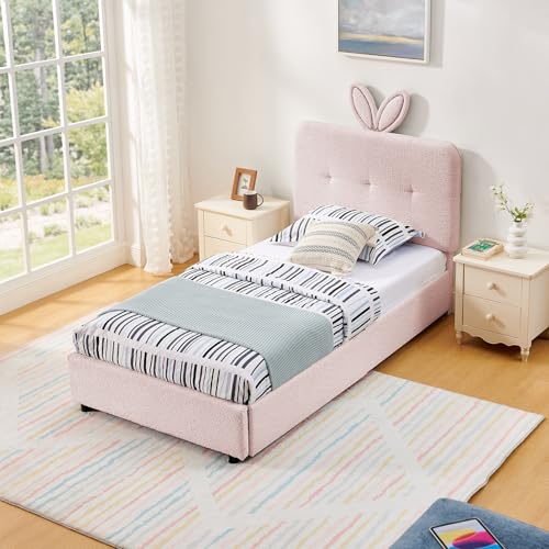 Image of Twin Led Bed Frame with 4 Storage Drawer, Upholstered Platform Floor Bed with Rabbit Ear Headboard Daybed Strong Wooden Slats No Box Spring Needed for Kids Girls Boys, Pink