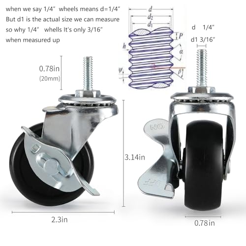 2 inch,Casters Set of 4,Caster Wheels 1/4 inch Threaded Stem,Wheels for Wire Shelving Racks,Leveling Casters,Replacement Wheels for Rolling Cart,Cart Wheels,Shelf Wheels,Wheels for Cart,Casters