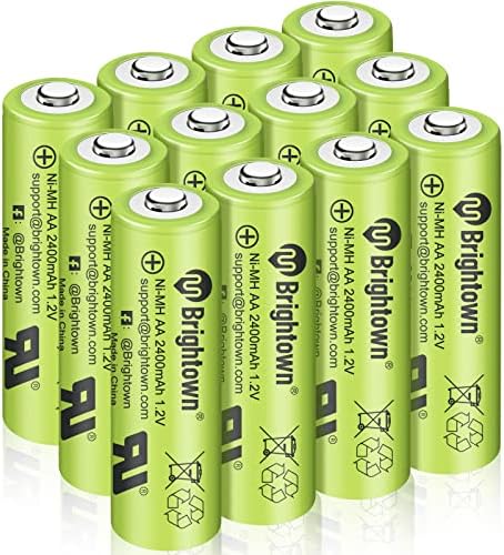 Brightown 12-Pack Rechargeable AA Batteries, 2400mAh High Capacity Precharged NiMH Double A Rechargeable Batteries for Solar Lights Household Devices, Recharge up to 1200 Cycles, UL Certified, 1.2V