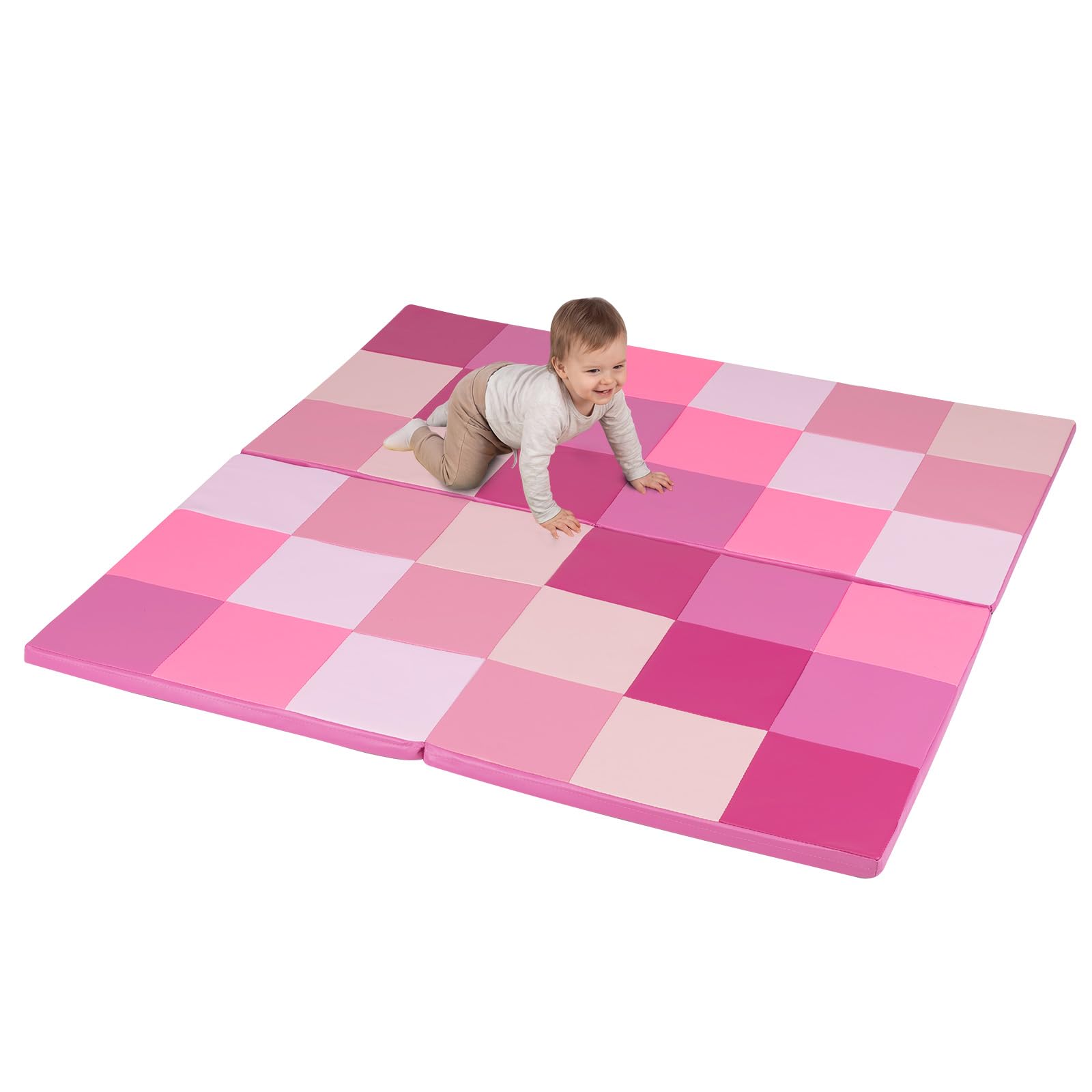 COSTWAY Toddler Play Mat, Foldable Patchwork Baby Floor Mats with Waterproof Surface, 3.5CM Extra Thick Foam Playmat for Playing Crawling (Pink)