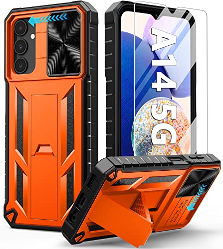 for Samsung Galaxy A14 5G Case: Protective Shockproof Rugged Military Drop Protection Galaxya14 Cell Phone Cover with Kickstand | TPU Matte Textured Tough Hybrid Bumper Samsunga14 Phonecase - Orange