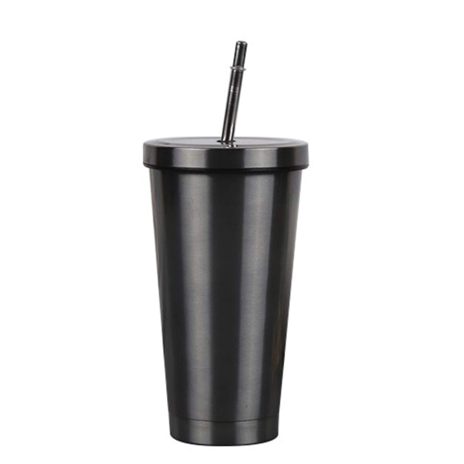 Kaffeebecher Edelstahl Kaffeetasse Isolierbecher mit Deckel und Strohhalm Trinkbecher Reisebecher Metallbecher Teetasse (Schwarz 500ml)