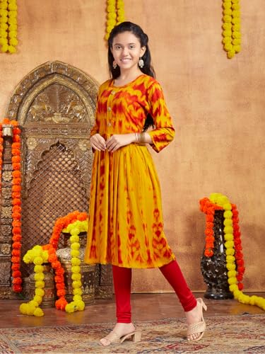 Aarika Girls Casual Wear Yellow Colour Tie Dye Print Rayon Kurti (9-16 Years)