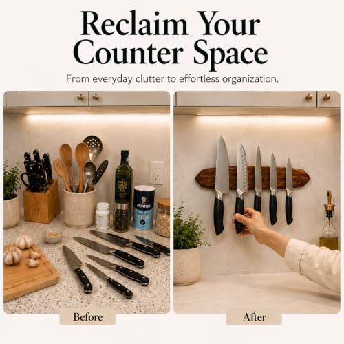 Image of Ibyx Magnetic Knife Holder - Acacia Wooden Wall-Mount Magnetic Knife Strip & Organizer with 3M No-Drill & Screw Mount Options, Water-Resistant Universal Knife Holder | 16 Inches, Capacity 8.8 lb