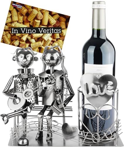 BRUBAKER Portabotellas de Vino Pareja con Guitarra en Banc - Escultura Metálica Portabotellas Pareja con Guitarra y Notas - Regalo de Vino para Músicos - Botellero con Tarjeta de Regalo