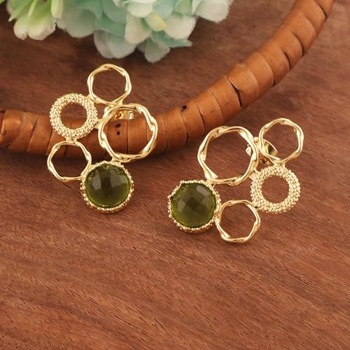 Multi-Gemstone Fancy Shape Stud Earrings – Moldavite, Green & Black Onyx, Dalmatian Jasper, Turquoise | Collet Setting | 18K Gold Plated | Butterfly Back Ear Post2