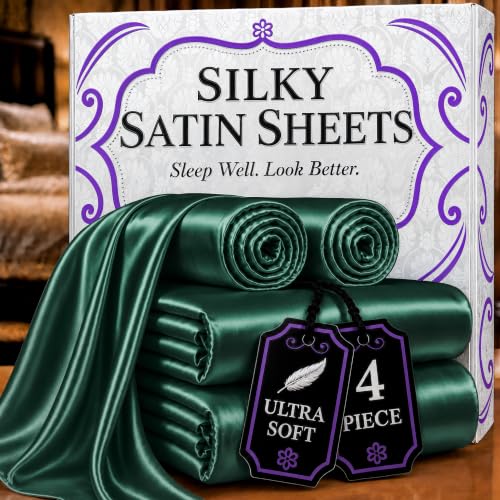 DECOLURE Satin Bed Sheets - 4 Piece Luxury Silky Twin Size Bedding Set - Softer Than Silk, Wrinkle-Free with 15” Deep Pocket Fitted Sheet, Perfect for Hair & Skin, Gifts for Women (Dark Green)