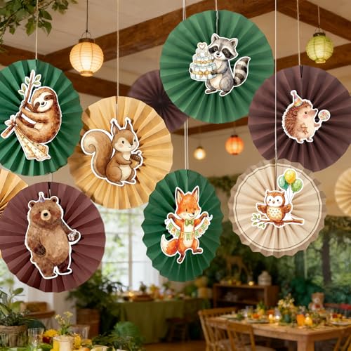 Image of Easy Joy Woodland Baby Shower Decorations Brown Green Hanging Paper Fans Animal Birhday Decorations for Wall Cute Animal Classroom Hanging Folding Fan Forest Themed Jungle Safari Birthday Party Decor