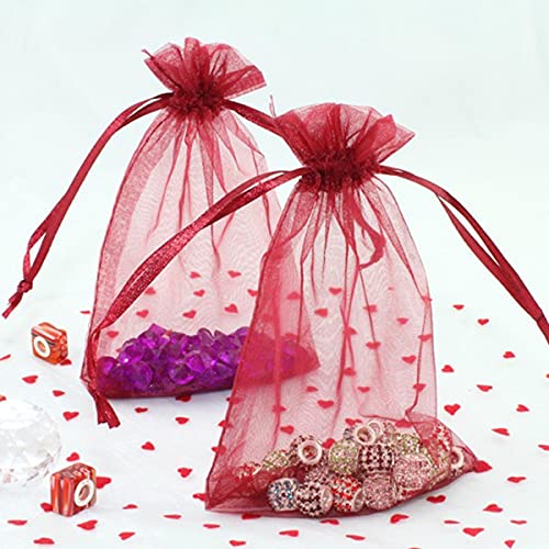 Packs-of-100-Gift-Organza-Bags-Burgundy-Drawstring-5x7-Inch-for-Baby-ShowerChristmasBirthdayParty-FavorsWeddingCollege-Graduation-Sheer-Mesh-Fabric-Wrap-Recycled-Sachet-for-JewelryCard