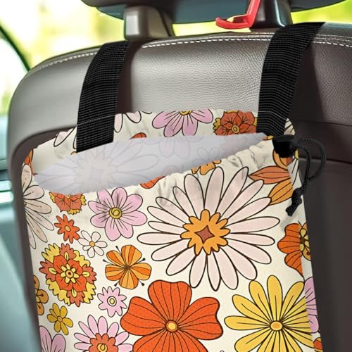 Image of Car Trash Bag Hanging Back of Seat Waterproof Small Cute Printed One-Handed Strap Drawstring Garbage Bags for Car-Colorful Flower