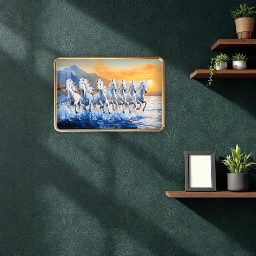 Image of 7 Running Horses Photo Frame, Ultra High Gloss Lamination, Vastu Painting for Living Room, Office, 12x18 Inch (Design 23)
