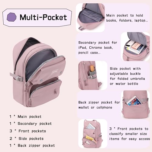 Solid Color School-Bags Backpacks for Teens Girls, Multi-pocket Elementary Girls Bookbags,Lightweight Casual Daypack - Image 3