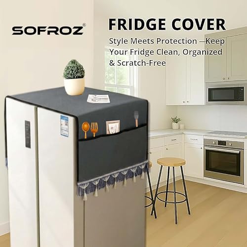 Image of Refrigerator Double Door Waterproof, Dustproof, Protective Cover for Fridges with Extra Storage Space Nylon Top Cover with 6 Storage Pockets (170 x 65 cm) (Grey Lace)