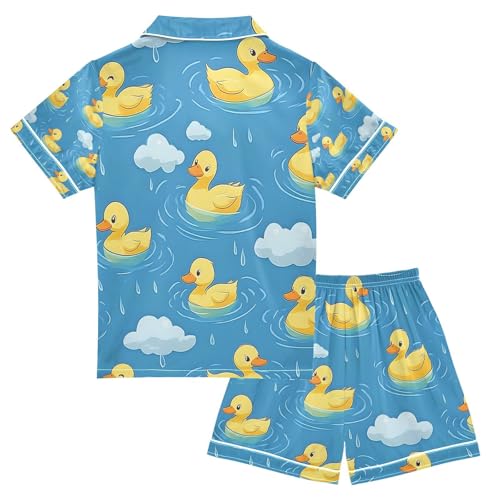 senya Yellow Ducks Swimming Rain Satin Summer Pajama Sets Silk Short Sleeve Button Down Sleepwear2