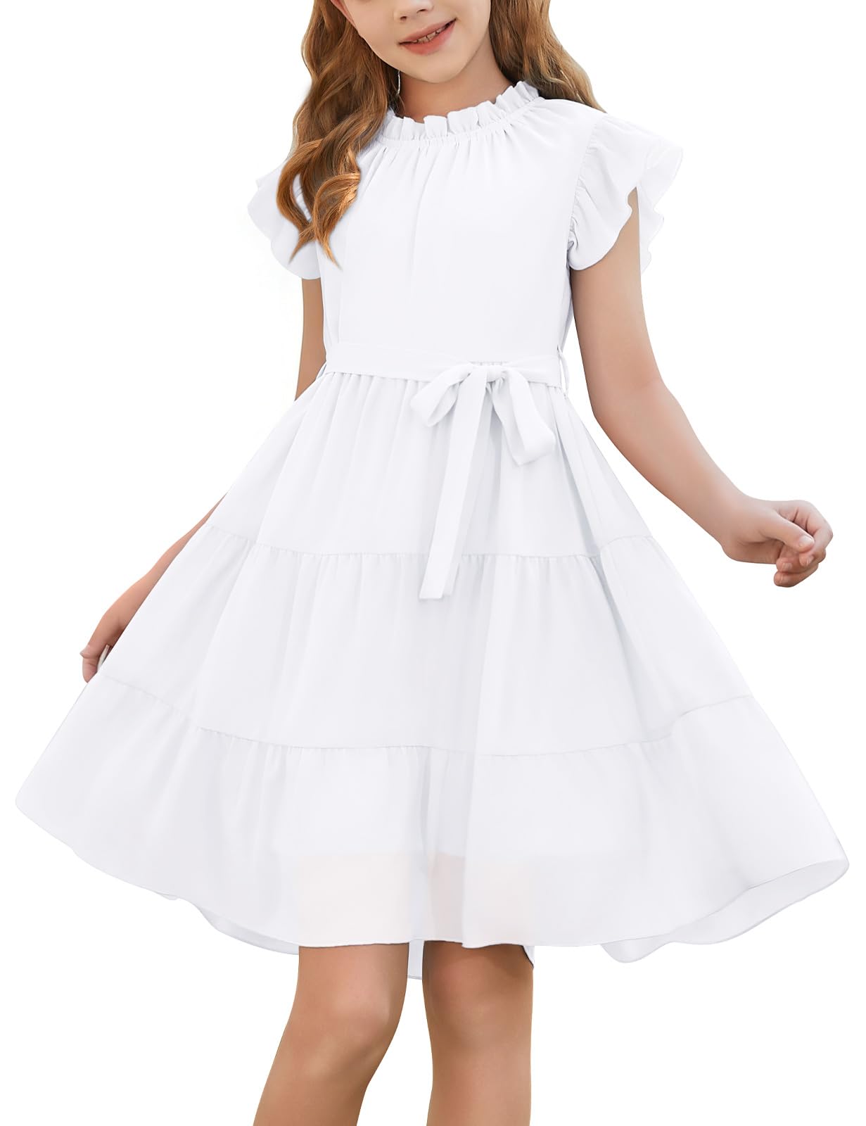 Robe pour Fille Été Robe Manches à Volants Col Rond Robes de Soirée Décontractées Robe Trapèze Mi-Longue Flottante avec Ceinture
