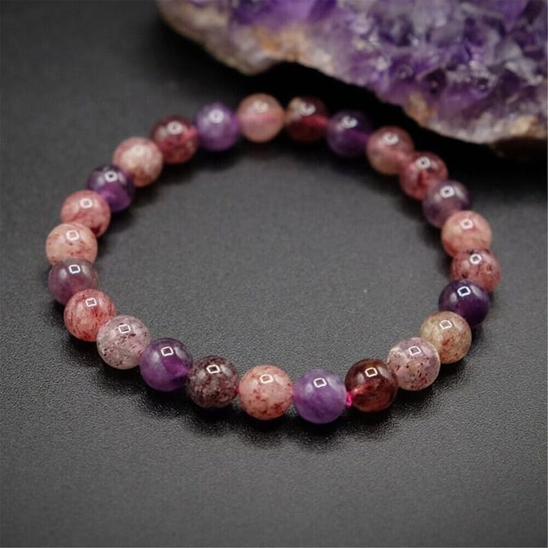 LKBEADS Natural Super Seven Stone 8mm rondelle smooth 7inch Semi-Precious Gemstones Beaded Bracelets for Men Women Healing Crystal Stretch Beaded Bracelet Unisex
