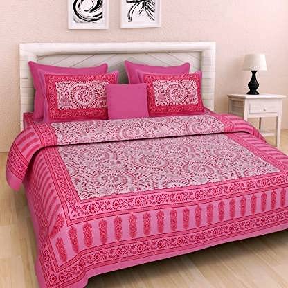 BedZone 100% Cotton Rajasthani Jaipuri Traditional Floral King Size Double Bedsheet with 2 Pillow Covers - Pink Nature Fashion