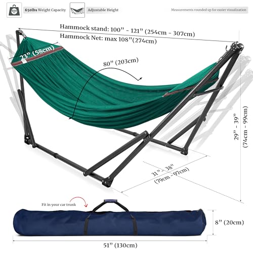Image of Tranquillo Double Hammock with Stand Included for 2 Persons /Foldable Hammock Stand 600 lbs Capacity Portable Case - Inhouse, Outdoor, Camping, Peacock