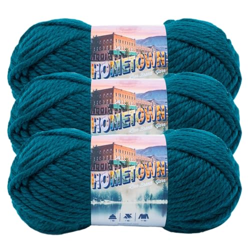 Image of Lion Brand Yarn Hometown Yarn, Super-Bulky Yarn for Knitting, Crocheting, and Crafting, 3 Pack, Montpelier Peacock | Super Bulky Acrylic Fiber for Warm Crochet Blankets, Knit Winter Hats, Chunky Cardigans, Soft Scarves, Weaving