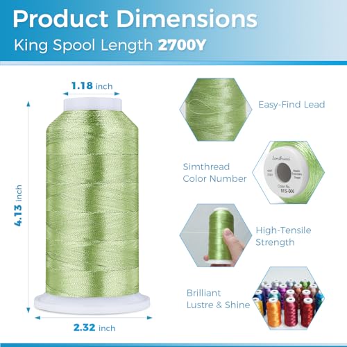 Image of Simthread 2700 Yards Metallic Embroidery Machine Thread - Grass Green MS-006, 40wt High-Sheen King Spool, Smooth Running & Break Resistant for Commercial & Home Embroidery Machines