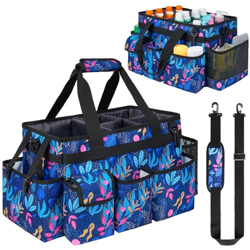 ZIOZERTT Cleaning Organizer, Large Caddy Bag for Supplies, Housekeeper's Bag with Handle (Blue Leaf)