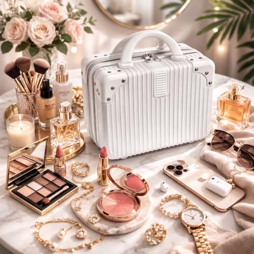Image of Makeup Case Suitcase, Mini Bag, Mini Hard Shell Travel Luggage, Women Portable Water Proof Carrying Suitcase, Organizer, Small Hard Shell Cosmetic Lugge Bag, Water Proof (B - White)