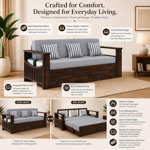 Image of Douceur Furnitures Solid Sheesham Wooden 3 Seater Sofa Cum Bed with Mattress,Cushions & Side Pockets,Wood Foldable Convertible Sofa 3 Seater Diwan Cum Bed for Living Room & Office|Walnut Finish