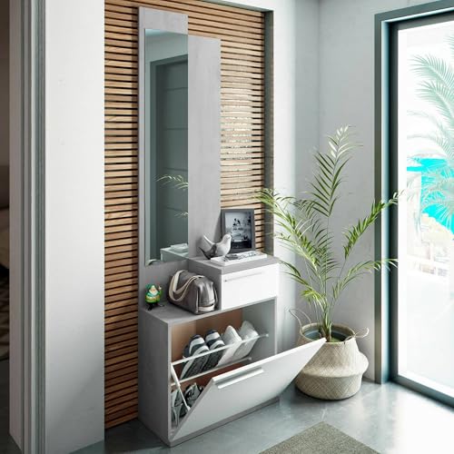 Dmora - Meuble d'entrée Waltham, Étagère à Chaussures Multifonction avec Miroir, Armoire avec 1 Porte et 1 tiroir, 61x28h185 cm, Ciment et Blanc Brillant