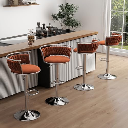 Butacos giratorios de 360°, set de 4 unidades, altura ajustable para barra, sillas modernas tapizadas en terciopelo con estructura metálica plateada, para isla de cocina o comedor (naranja)