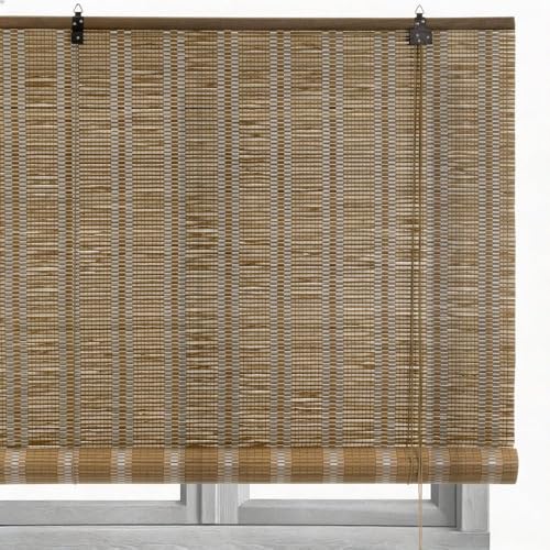 LOLAhome Estor Enrollable de Lámminas de Bambú Natural y Cosido Blanco de 90x180 cm. Sujeción a Pared o Techo. Limpieza Fácil con Paño Húmedo. Diseño Natural para Ventanas.