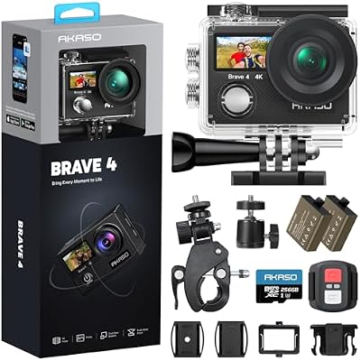 AKASO Brave 4 Action Camera with 256GB MicroSDXC U3 Card 4K30FPS 20MP Ultra HD 131FT Waterproof Underwater Camera EIS WiFi Remote Control 5X Zoom Sport Camera with Motorcycle Bicycle Accessories Kit