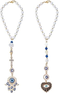 2pcs Evil Eye Car Hanging Ornament Hamsa Evil Eye Rear View Mirror Lucky Car Charm Lanyards Hanging Accessories Hand of Evil-Eye Sun Catcher Pendent for Window Home Door Frame Balcony