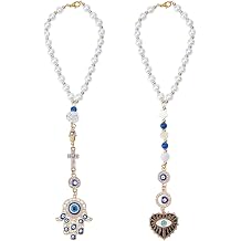 2pcs Evil Eye Car Hanging Ornament Hamsa Evil Eye Rear View Mirror Lucky Car Charm Lanyards Hanging Accessories Hand of Evil-Eye Sun Catcher Pendent for Window Home Door Frame Balcony