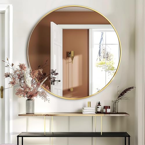 Image of Sunniry Gold Circle Mirror 36 inch, Round Wall Mirror with Metal Frame | Wall Mirrors with Aluminum Frame, High Definition Mirror, No Distortion, perfect for Vanity, Bathroom, Nursery