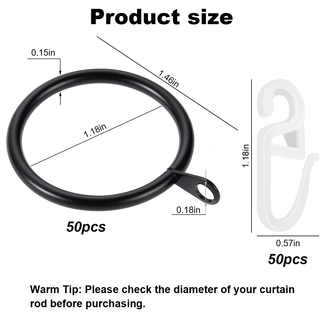 12 Anelli Per Tenda Doccia A Forma Di C - Nero, Scorrevole Per Asta - Foto 2