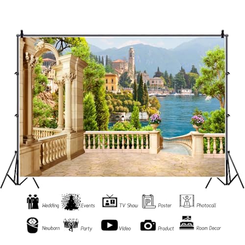 SDOTPMT 10x6.5ft Spring Urban Garden Backdrop Blue Ocean Green Mountain Retro Courtyard Theme Photography Background for Girl Bride Portrait Seascape Romantic Wedding Photo Studio Props - Image 2