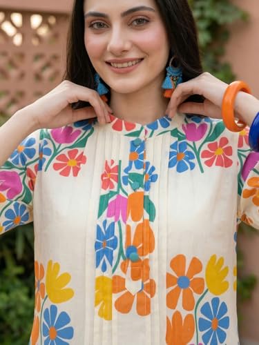 Image of INDO ERA Women Cotton White Printed Straight Kurta Pant Set