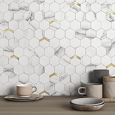 VAOVI Peel and Stick Backsplash Tile,Backsplash Tile for Kitchen Peel and Stick Wall Panels Hexagon Marble Tile(10pcs,White Gold)