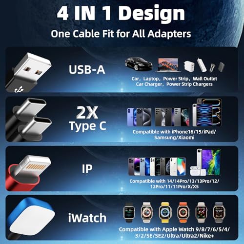 Image of Dual Type-C 4 in 1 Charging Cable for Phone Watch Charger, Travel Essentials Multi Charging Cable iPhone Charger Cord Compatible with iWatch Ultra /SE /10-1, iPhone17 16 15 14, Android-1Pc 5FT