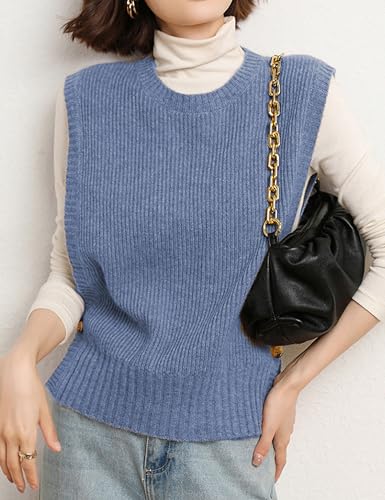 Womens Round Neck Knit Tank Vest Split Split Pullover Sleeveless Ribbed Knit Sweater Vest Tops2