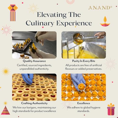 ANAND Royal Delicacies Diwali Assorted Sweets Gift Box | Pure Ghee Indian Mithai Box, Kaju Katli, Anjeer Dry Fruit Burfi, Baklava, Kardant, Meetaaz with Diya and Card | For Family and Friends| 350 gm
