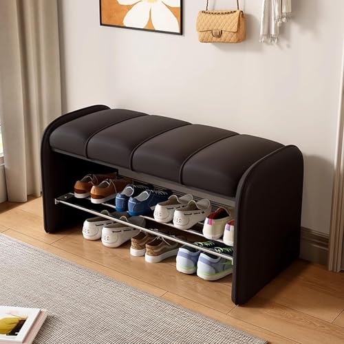 Banco de almacenamiento de piel sintética de 2 niveles, zapatero, asiento de entrada, otomano con contenedor para dormitorio, muebles elegantes, tamaño: 80 x 37 x 45 cm, color: negro