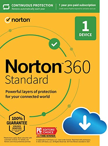 Norton 360 Standard, 2024 Ready, Antivirus software for 1 Device with Auto Renewal – Includes VPN, PC Cloud Backup & Dark Web Monitoring powered by LifeLock [PC/Mac Download]