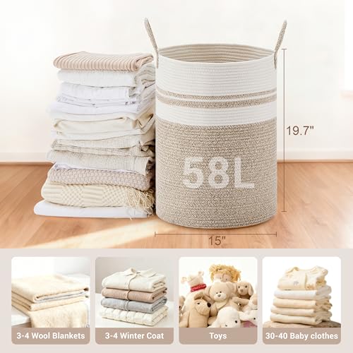 Image of 100L Extra Large Tall Cotton Rope Laundry Basket with Handle, White & Brown