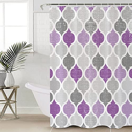 Shower Curtain Geometric Morocco Quatrefoil Lattice Purple Grey Waterproof Fabric Shower Curtain Set With 12 Plastic Hooks, Winter Holiday Decor For Bathroom Home Hotel, 72" W X 78" L #TOP7