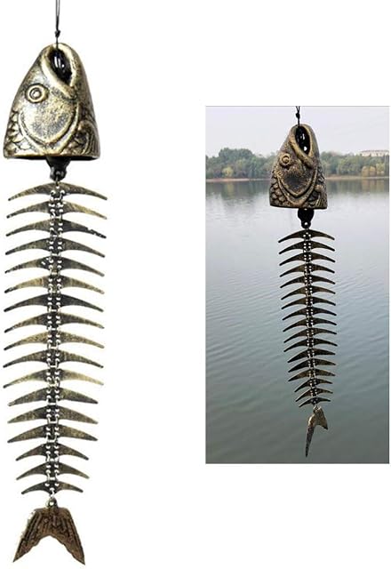 Fish Wind chime,Fish Skeleton Windchime,Fish Bone Cast Iron Wind Chimes Vintage Metal Wind Chimes Outdoor Soothing Melody for Garden Home Yard Porch Hanging Decor (Bronze)