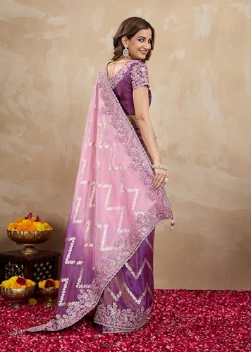 Image of TRENDMALLS Women's Jacquard Silk Embroidery Zarkan Work Saree with Unstitch Blouse Piece