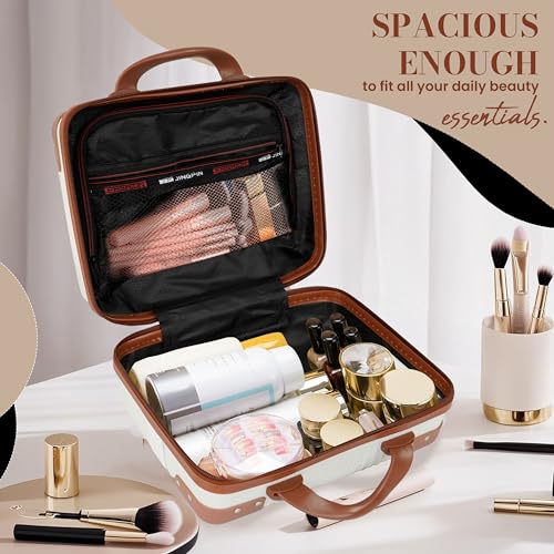 Image of Storite Hard Shell Vanity Bag Cosmetic Case for Women, Makeup Organizer - Brown & White