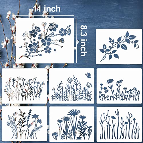 Wild Flower Stencils For Painting 11X8.3" Large Flower Stencil For Walls Leaf Cherry Blossom Vine Stencils Reusable Drawing Stencils For Painting On Wood Wall Canvas Furniture Card #TOP1